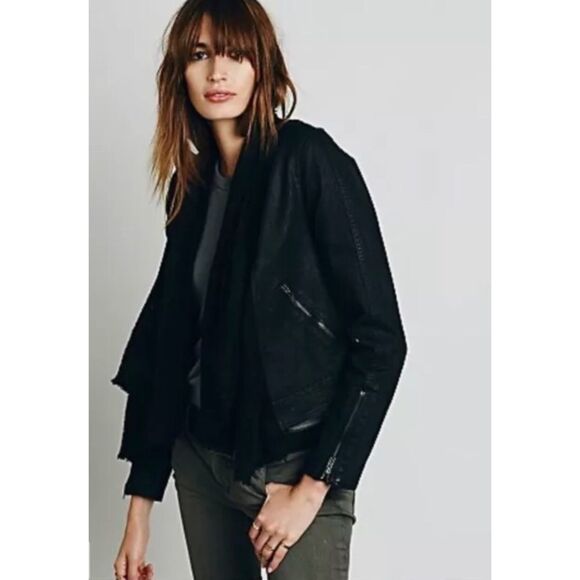 Free People black drape knit front denim jacket VGUC size 0 - Picture 2 of 16